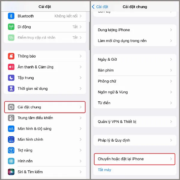 Màn hình cài đặt chung trên iPhone với tuỳ chọn Đặt lại