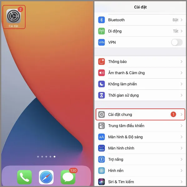 Màn hình cài đặt chung trên iPhone