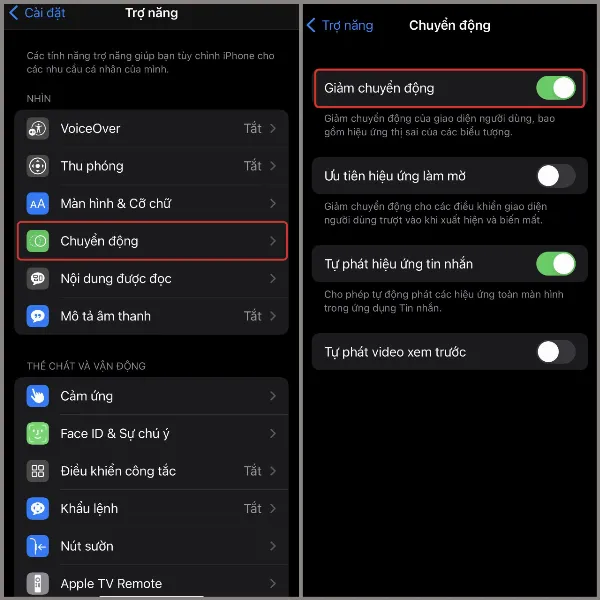 Màn hình cài đặt Chuyển động trong phần Trợ năng, hiển thị tùy chọn Giảm chuyển động đang được bật, giúp iPhone hoạt động mượt mà hơn bằng cách giảm bớt các hiệu ứng chuyển cảnh.
