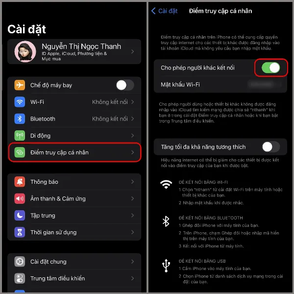 Màn hình cài đặt Điểm truy cập cá nhân trên iPhone, với tùy chọn "Cho phép người khác kết nối" đã bật