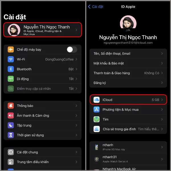 Màn hình cài đặt iCloud trên iPhone, hiển thị thông tin Apple ID