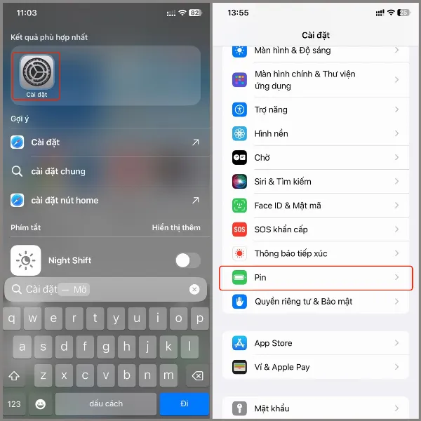 Màn hình cài đặt iPhone, phần tùy chọn Pin được khoanh đỏ
