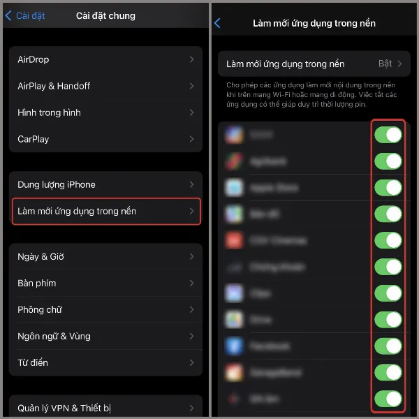 Màn hình cài đặt Làm mới ứng dụng trong nền, cho phép người dùng tùy chọn tắt các ứng dụng chạy ngầm không cần thiết, giúp tiết kiệm pin và tăng hiệu năng cho iPhone.