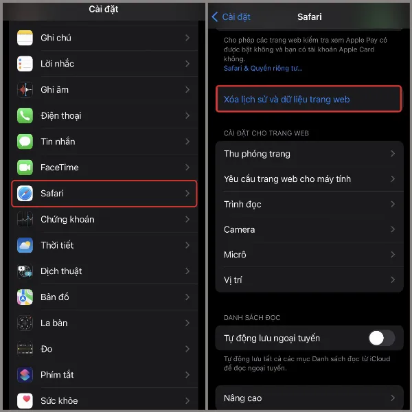 Màn hình cài đặt Safari, hiển thị tùy chọn Xóa lịch sử và dữ liệu trang web, giúp người dùng dọn dẹp bộ nhớ cache, cookie và lịch sử duyệt web, từ đó tăng tốc độ truy cập web trên iPhone.