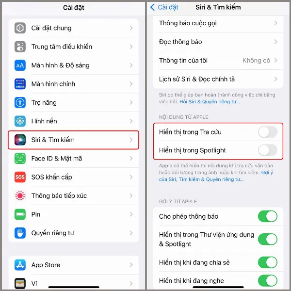 Màn hình cài đặt Siri & Tìm kiếm trên iPhone, hướng dẫn bật các tùy chọn trong phần Nội dung từ Apple