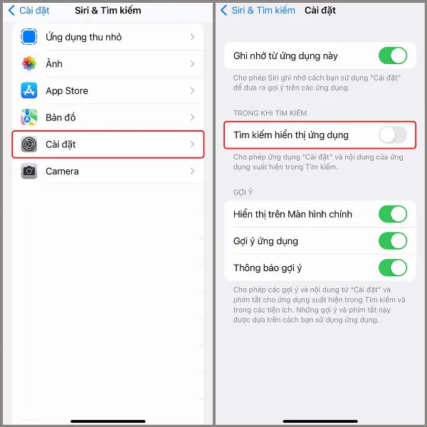 Màn hình cài đặt tìm kiếm trên iPhone, hướng dẫn bật tùy chọn Tìm kiếm hiển thị ứng dụng