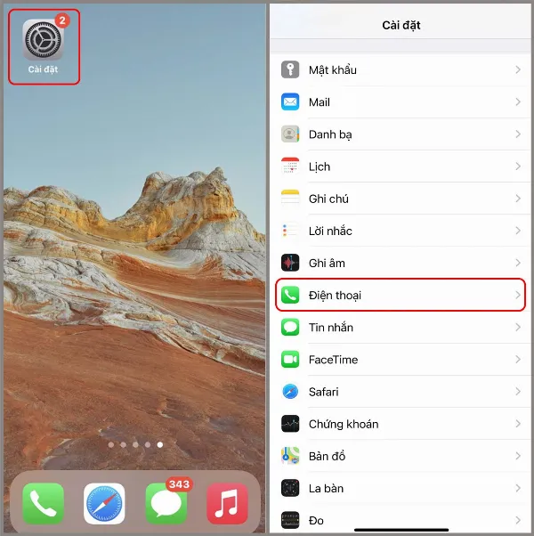 Màn hình Cài đặt trên iPhone và mục Điện thoại được khoanh đỏ