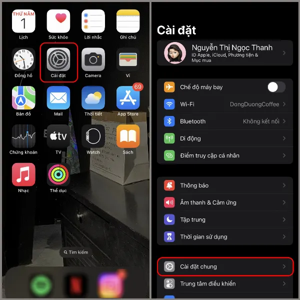 Màn hình Cài đặt trên iPhone, với tùy chọn "Cài đặt chung" được chọn