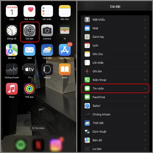 Màn hình Cài đặt trên iPhone, với tùy chọn "Tin nhắn" được chọn