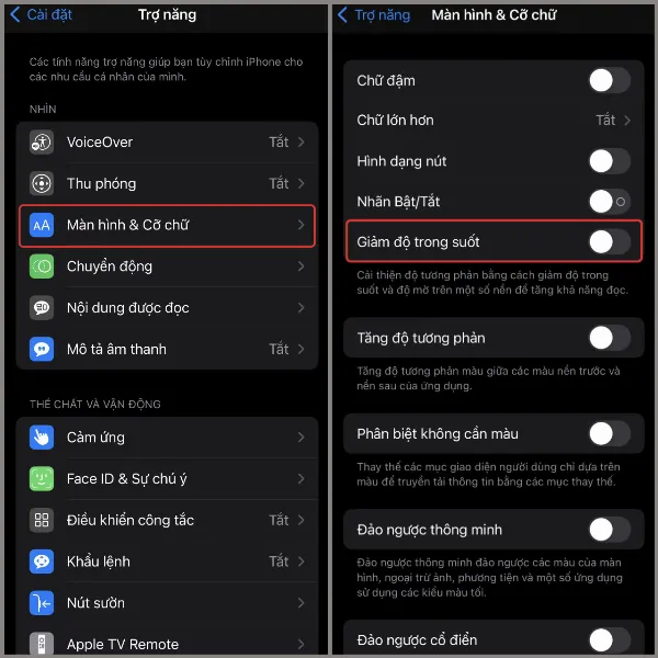 Màn hình cài đặt Trợ năng trên iPhone, hướng dẫn chi tiết các bước để tắt hiệu ứng trong suốt, giúp giải phóng RAM và CPU, từ đó tăng hiệu năng cho thiết bị.