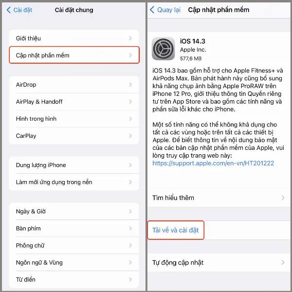 Màn hình cập nhật phần mềm iOS 14.3 trên iPhone