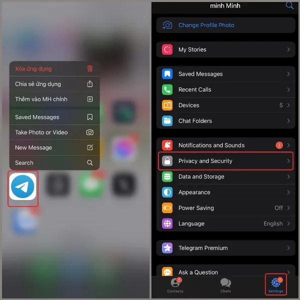 Màn hình chính của ứng dụng Telegram với mũi tên chỉ vào mục Cài đặt, và giao diện Riêng tư và bảo mật được khoanh đỏ