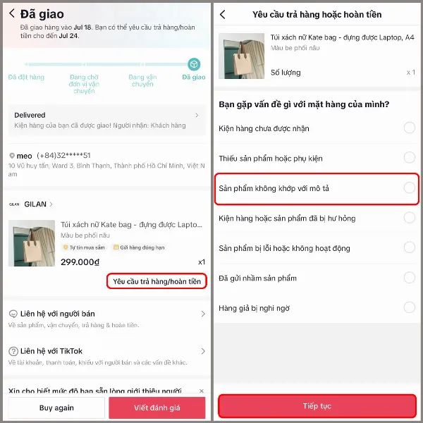Màn hình chọn lý do trả hàng trên TikTok, hiển thị nhiều tùy chọn cho người dùng