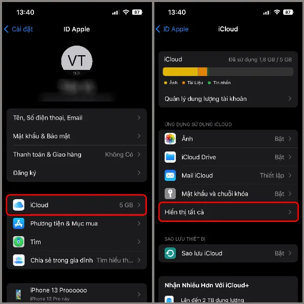 Màn hình điện thoại iPhone hiển thị tùy chọn iCloud trong phần cài đặt