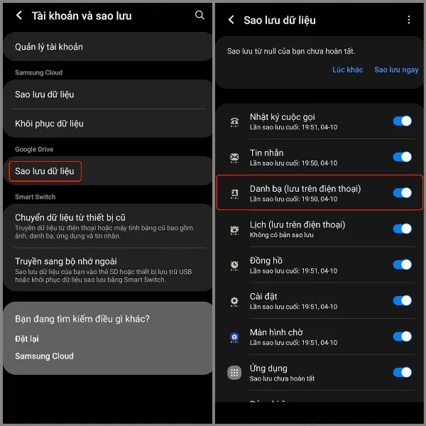 Màn hình điện thoại Samsung hiển thị tùy chọn Sao lưu dữ liệu trong Google Drive, với nút gạt Danh bạ đang bật