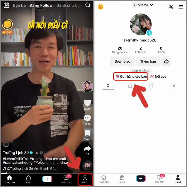 Màn hình hồ sơ người dùng TikTok với tùy chọn để xem đơn hàng