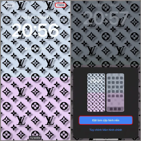 Màn hình iPhone hiển thị bản xem trước hình nền Louis Vuitton và nút "Thêm"