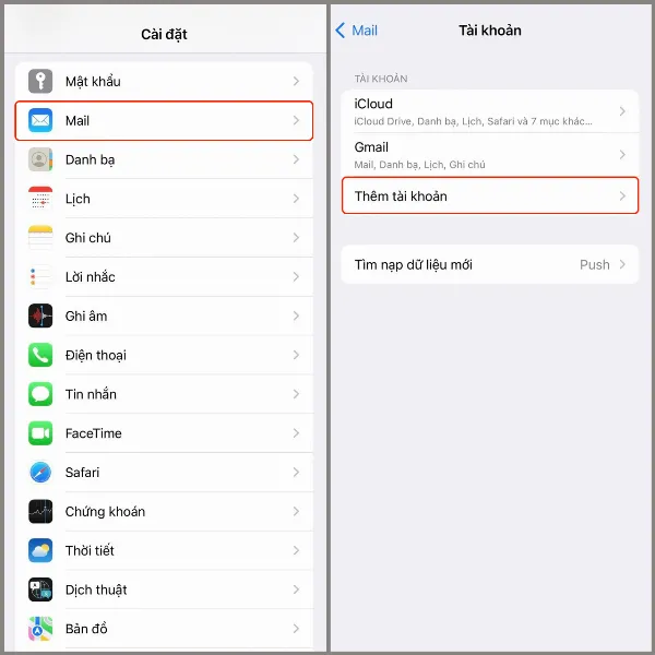 Màn hình iPhone hiển thị các bước thêm tài khoản Google trong phần cài đặt Mail