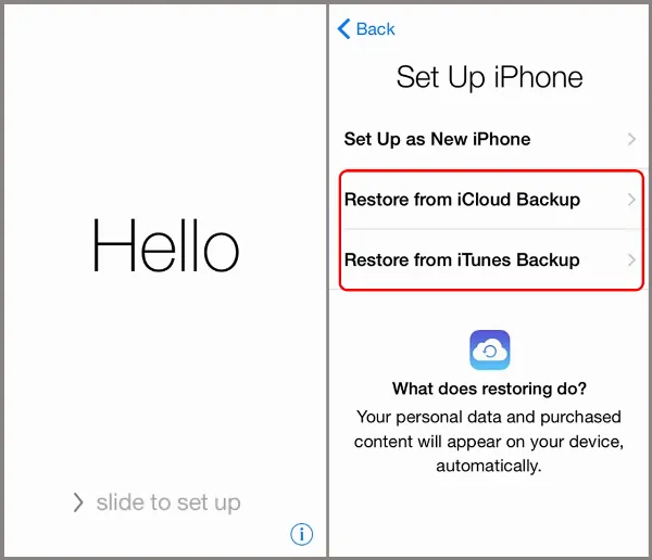 Màn hình iPhone hiển thị các tùy chọn thiết lập sau khi khôi phục