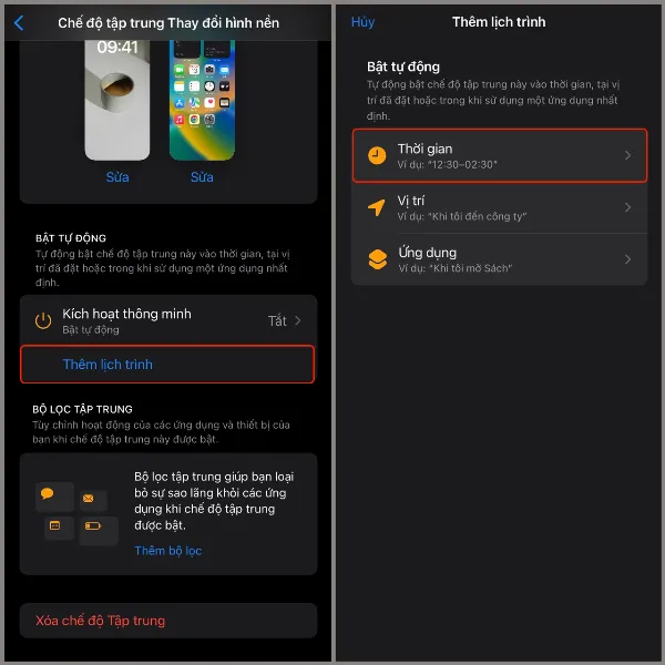 Mách bạn cách chỉnh màn hình khoá iOS 16 theo giờ vô cùng thú vị, giúp chiếc điện thoại luôn được tươi mới 6 Màn hình iPhone hiển thị giao diện "Thêm lịch trình" trong phần cài đặt Tập trung, với tùy chọn "Thời gian" cho phép người dùng thiết lập thời gian cụ thể