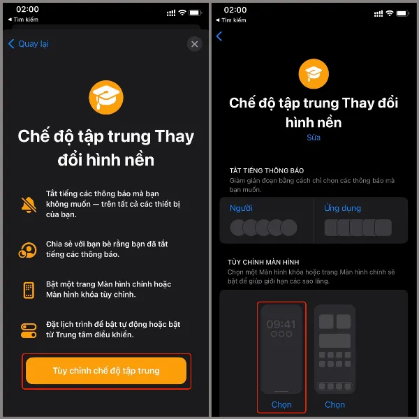 Mách bạn cách chỉnh màn hình khoá iOS 16 theo giờ vô cùng thú vị, giúp chiếc điện thoại luôn được tươi mới 4 Màn hình iPhone hiển thị giao diện "Tùy chỉnh chế độ tập trung", nổi bật phần "Tùy chỉnh màn hình" với hai biểu tượng Màn hình khóa và Màn hình chính