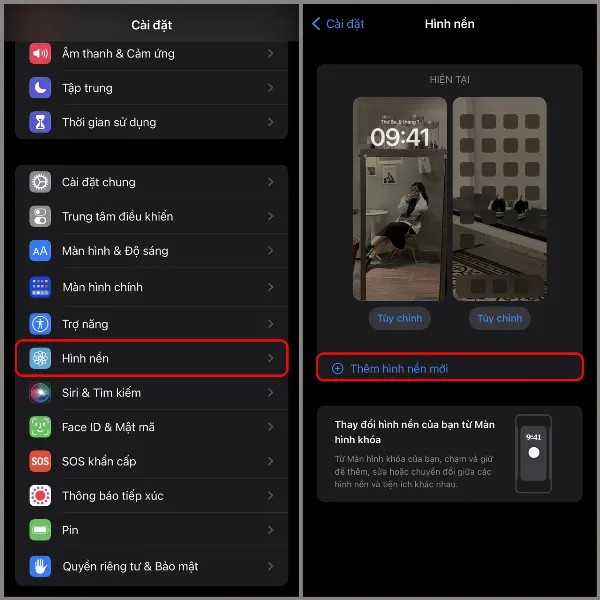 Màn hình iPhone hiển thị menu cài đặt, với mục "Hình nền" được chọn