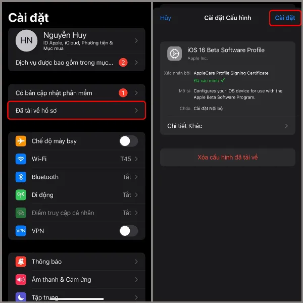 Màn hình iPhone hiển thị mục Đã tải về hồ sơ trong ứng dụng Cài đặt
