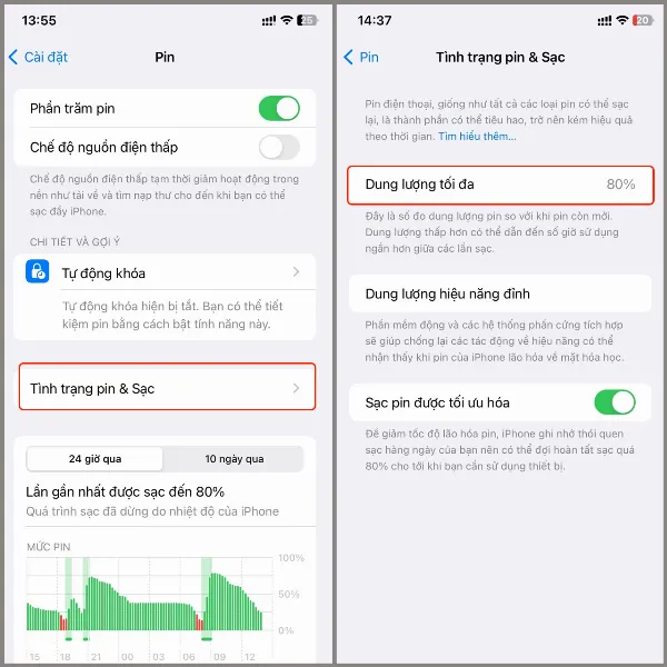 Màn hình iPhone hiển thị mục Tình trạng Pin & Sạc, cho thấy dung lượng pin tối đa