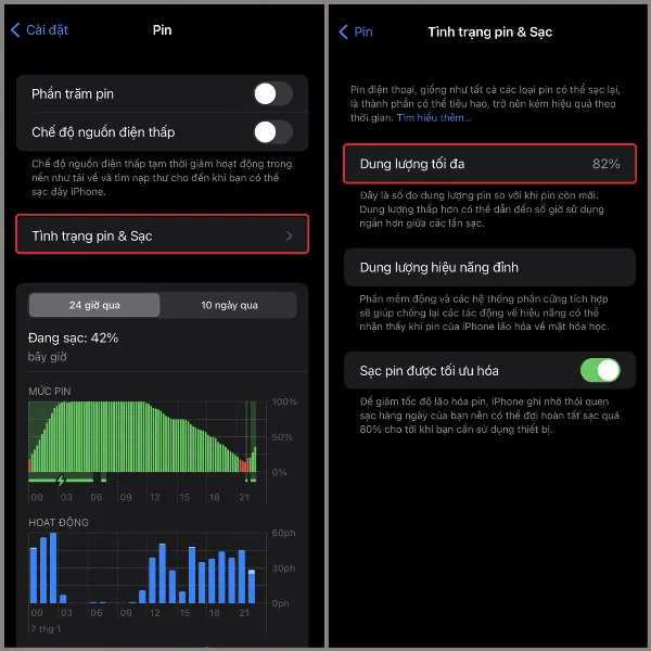 Cách xem tình trạng pin iPhone, giúp bạn biết chất lượng còn tốt hay không và có kế hoạch thay thế kịp thời 2 Màn hình iPhone hiển thị mục Tình trạng pin & Sạc với thông số Dung lượng tối đa