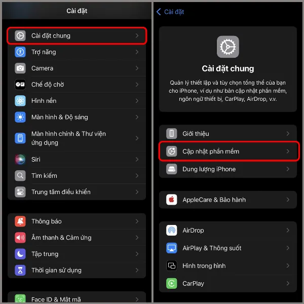 Cách cập nhật iOS 18 chính thức để trải nghiệm những tính năng mới mẻ và tăng cường bảo mật cho máy 2 Màn hình iPhone hiển thị phần Cài đặt chung trong ứng dụng Cài đặt
