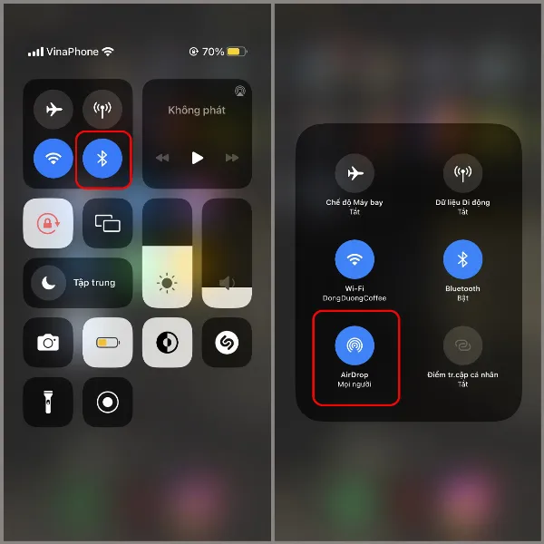 Màn hình iPhone hiển thị Trung tâm điều khiển với biểu tượng Bluetooth đã bật
