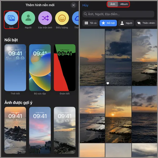 Màn hình iPhone hiển thị tùy chọn "Ảnh" trong phần "Thêm hình nền mới"