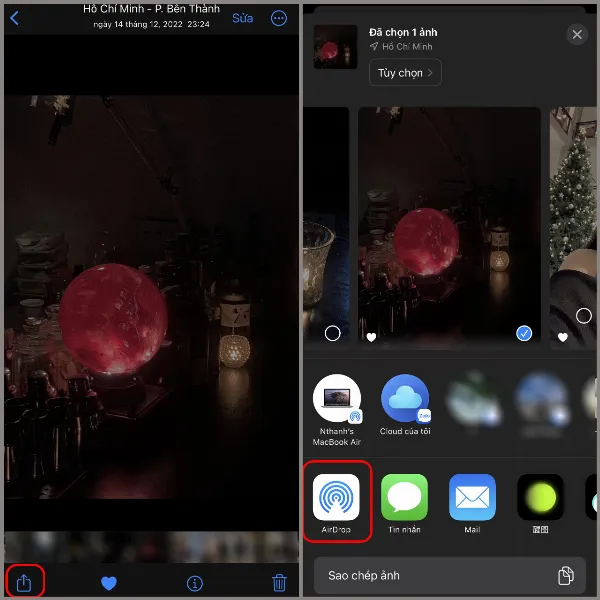 Màn hình iPhone hiển thị tùy chọn chia sẻ, với biểu tượng AirDrop được chọn
