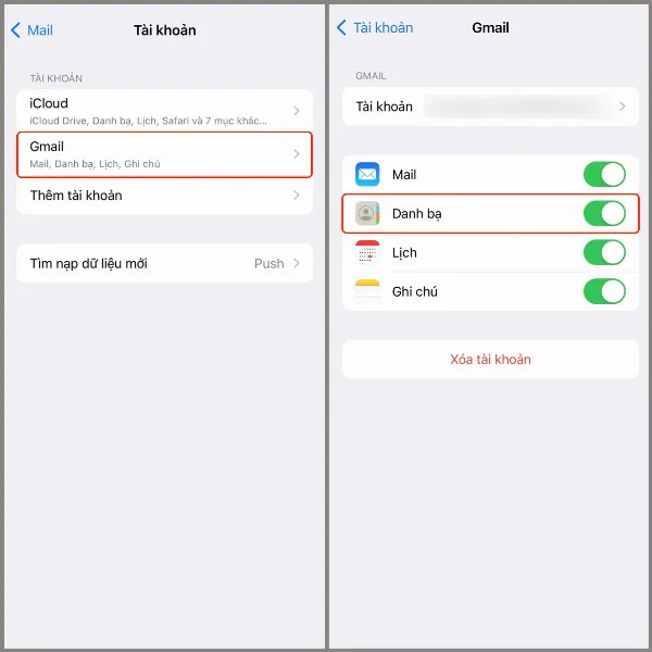 Màn hình iPhone hiển thị tùy chọn Danh bạ đang được bật trong cài đặt tài khoản Gmail