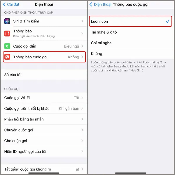 Màn hình Thông báo cuộc gọi và các tùy chọn Luôn luôn, Tai nghe & ô tô, Chỉ tai nghe, Không