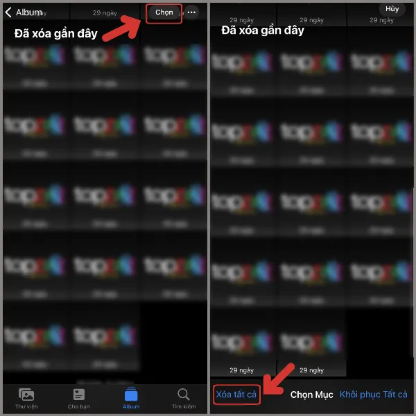 Màn hình thư mục Đã xóa gần đây trong ứng dụng Ảnh, hiển thị tùy chọn Xóa tất cả, cho phép người dùng xóa vĩnh viễn các hình ảnh đã chọn, giải phóng dung lượng lưu trữ trên iPhone.