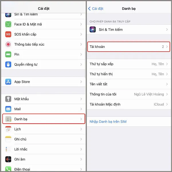 Màn hình ứng dụng Cài đặt trên iPhone, người dùng chọn Danh bạ và Tài khoản