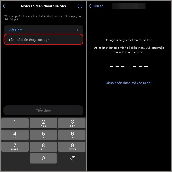 Màn hình ứng dụng WhatsApp hiển thị bước nhập mã xác minh sau khi đã nhập số điện thoại.