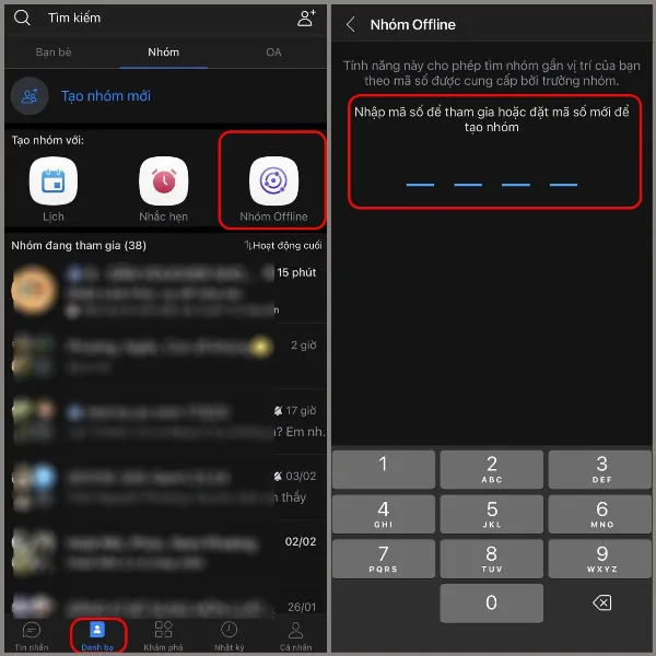 Màn hình Zalo hiển thị các bước truy cập tính năng Nhóm Offline trong mục Nhóm ở Danh bạ
