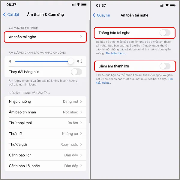 Menu cài đặt tính năng An toàn tai nghe trên iPhone