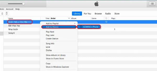 Menu chuột phải hiển thị tùy chọn thêm bài hát vào thiết bị iPhone