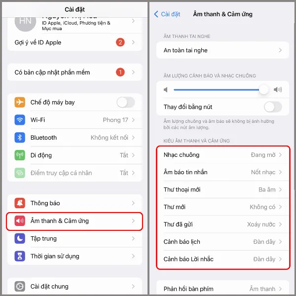 Menu Kiểu Âm thanh và Cảm ứng đang được mở trên iPhone