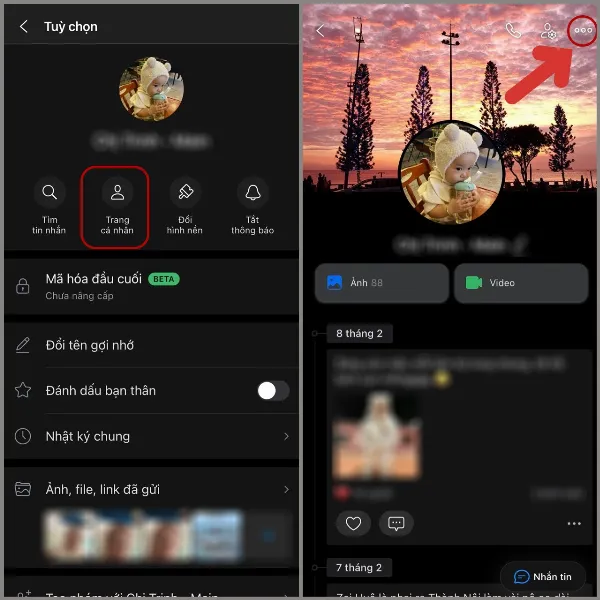 Menu tùy chọn trong giao diện trò chuyện Zalo