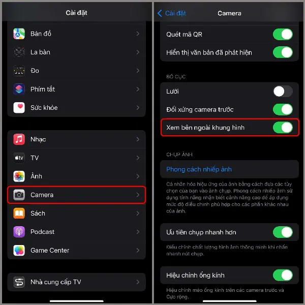 Minh họa cài đặt chế độ chụp ngoài khung hình trong phần cài đặt camera của iPhone