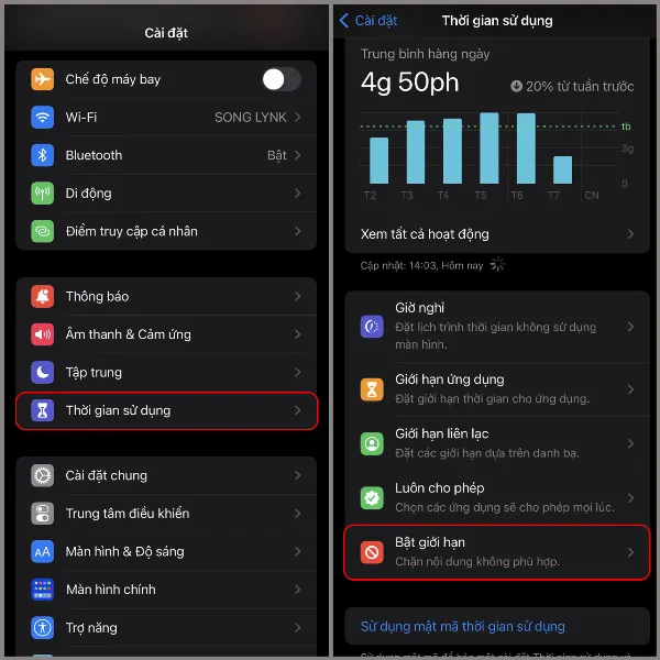 Mở cài đặt bật giới hạn thời gian sử dụng
