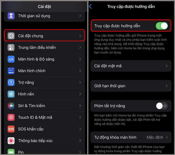 Mở Cài đặt, chọn Cài đặt chung, Trợ năng và bật Truy cập được Hướng dẫn trên iPhone.