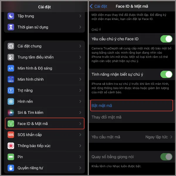 Mở Cài đặt, chọn Face ID & Mật mã, sau đó chọn Bật mật mã
