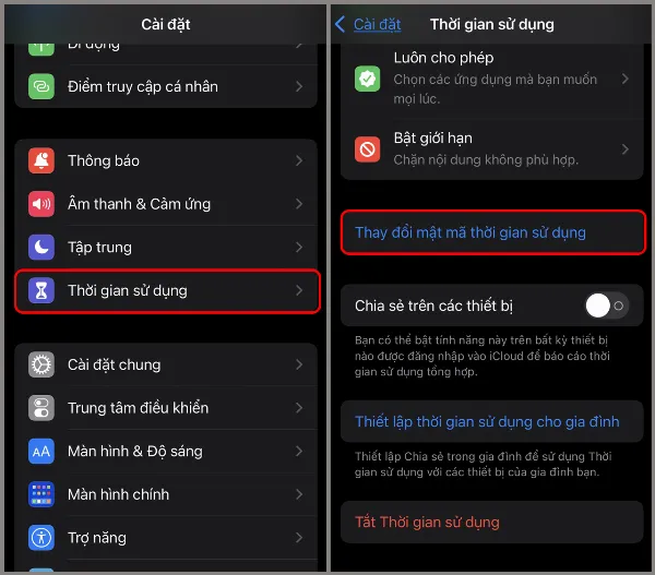 Mở Cài đặt, chọn Thời gian sử dụng và Thay đổi mật mã Thời gian sử dụng.