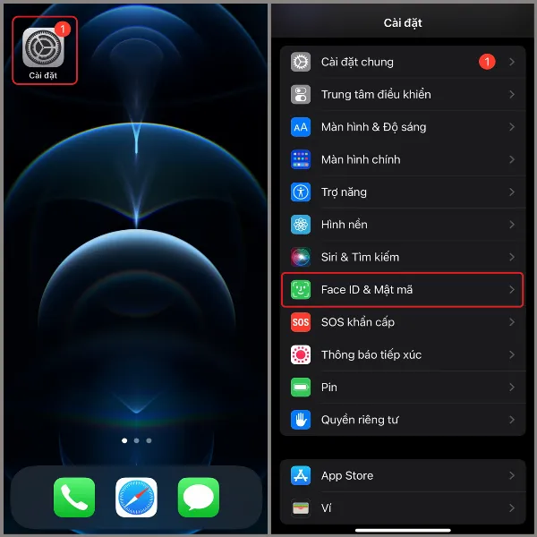 Mở cài đặt Face ID và mật mã