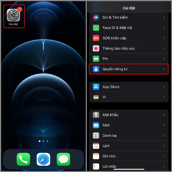 Mở cài đặt Quyền riêng tư & Bảo mật trên iPhone